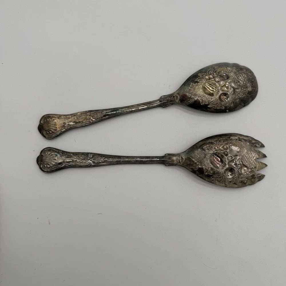 Antique FB Rogers Silver Plated Salad Serving Set Italy Fruit Pattern‎ EPNS 9in